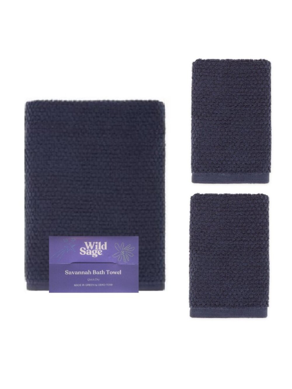 1 BATH + 2 HAND Wild Sage Savannah Quick Dry 90% Cotton Towels in BIJOU BLUE